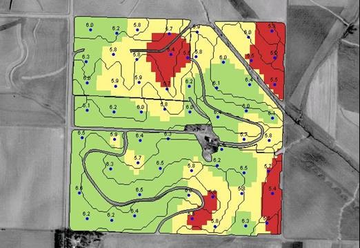 Field soil pH grid map from 1998 showing acidic zones before a sampling-driven program