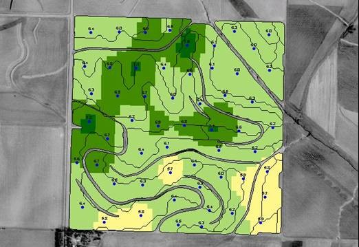 Field soil pH grid map from 2002 showing balanced pH after a sampling-driven program